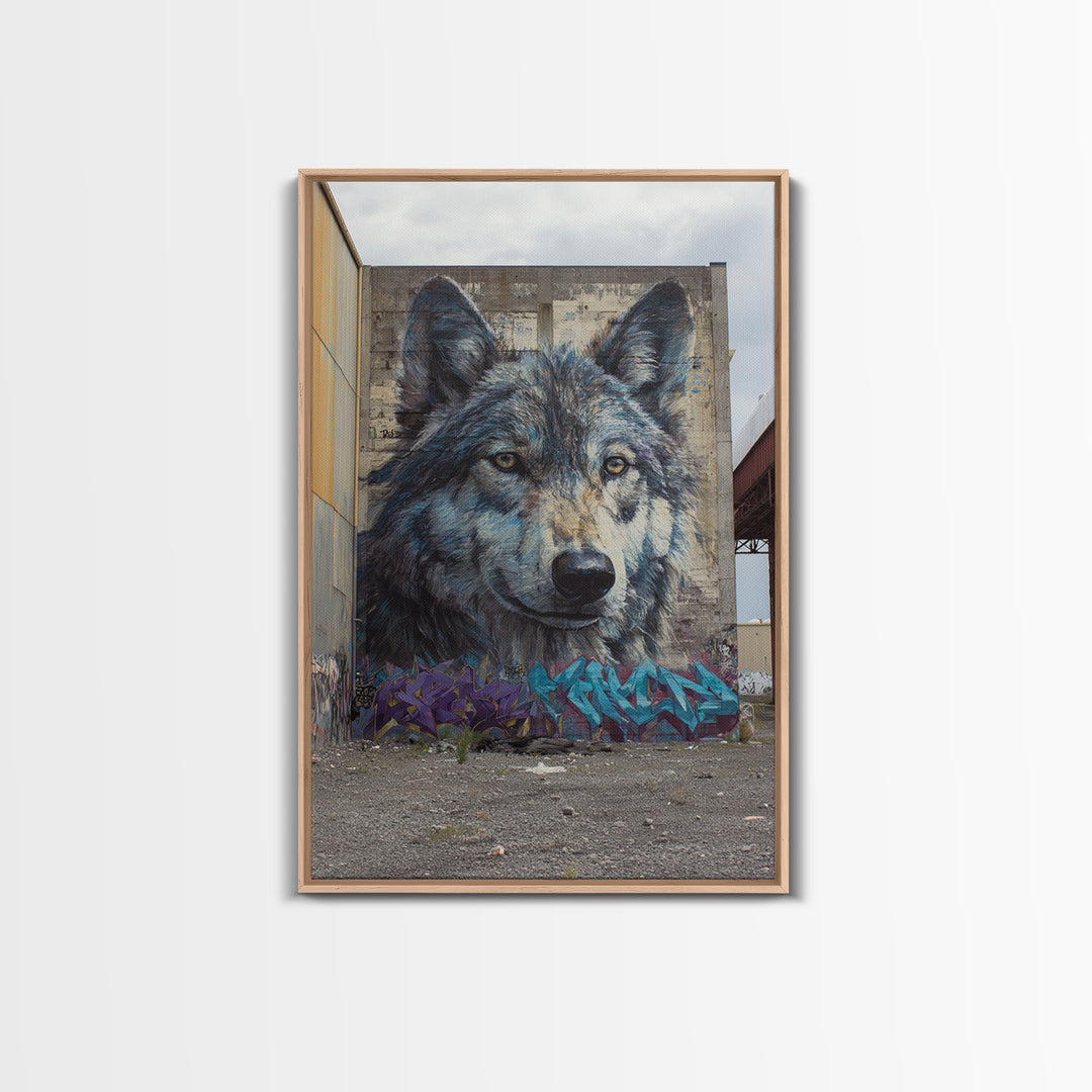 Massive Wolf Mural Graffiti On Urban Wall Featuring Detailed Animal Portrait Vibrant Street Art Print