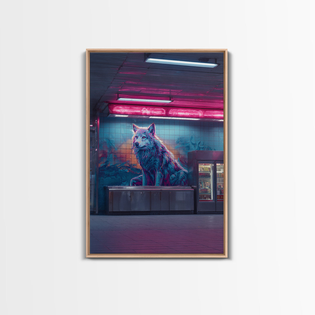 Urban Neon Cityscape With Wolf Mural Vibrant Street Art Wall Art Contemporary Wall Decor Canvas Print For Modern Living Room