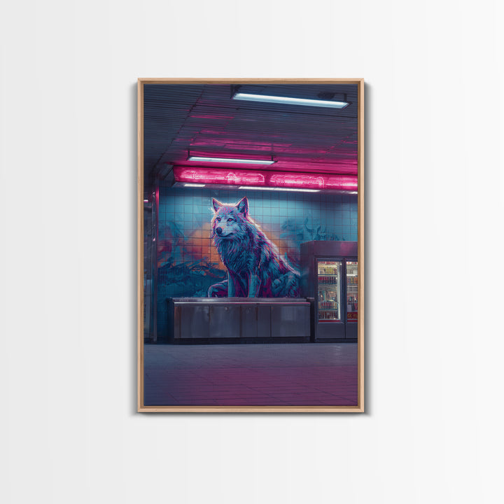 Urban Neon Cityscape With Wolf Mural Vibrant Street Art Wall Art Contemporary Wall Decor Canvas Print For Modern Living Room