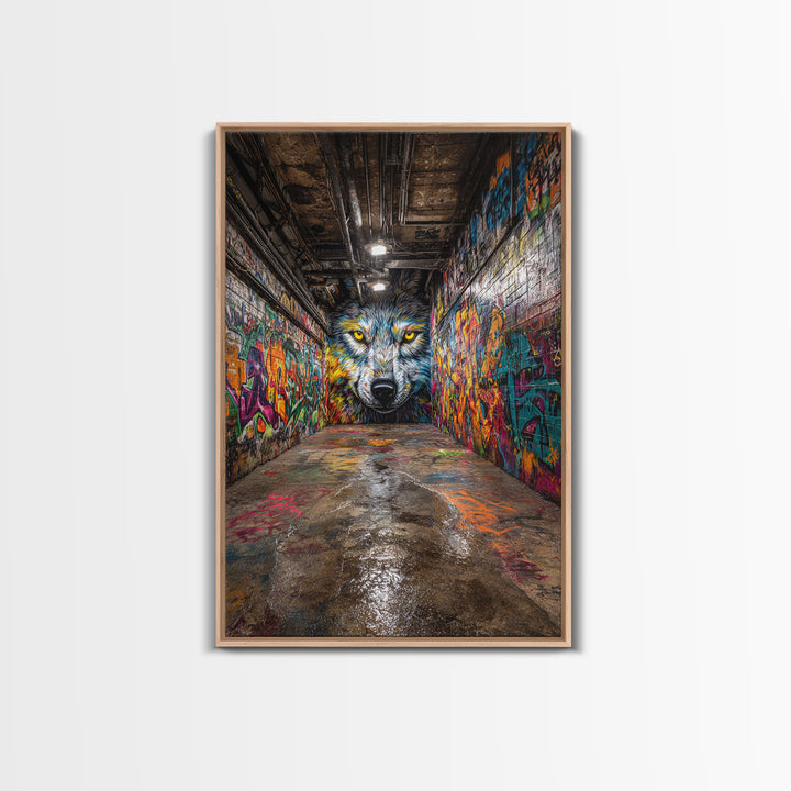 Colorful Wolf Graffiti Street Art Urban Wall Art Print Home Decor Vibrant Alley Framed Canvas Print