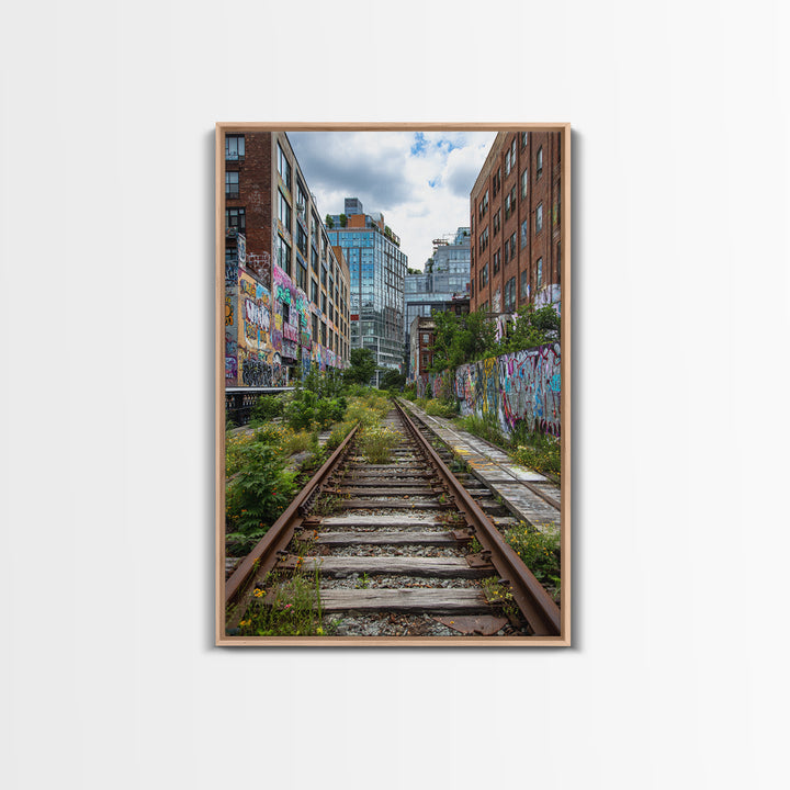 Urban Overgrown Railway Track Between Graffiti Walls In City - Contemporary Wall Art Canvas Print For Modern Decor