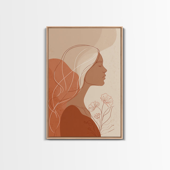 Minimalist Woman Profile With Flowers Wall Art, Terracotta Line Art Canvas Print, Feminine Boho Bedroom Decor Gift For Her