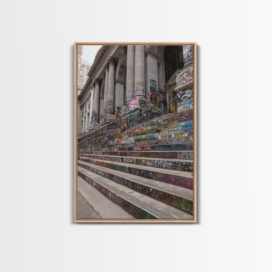 Vibrant Graffiti Covered Urban Steps Photography Wall Art Framed Canvas Print For Modern Industrial Home Decor