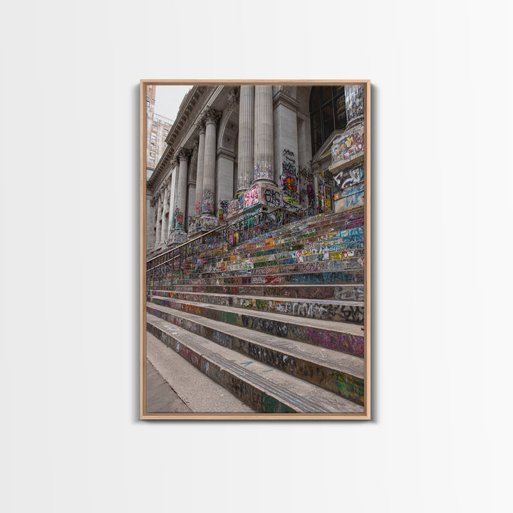 Vibrant Graffiti Covered Urban Steps Photography Wall Art Framed Canvas Print For Modern Industrial Home Decor
