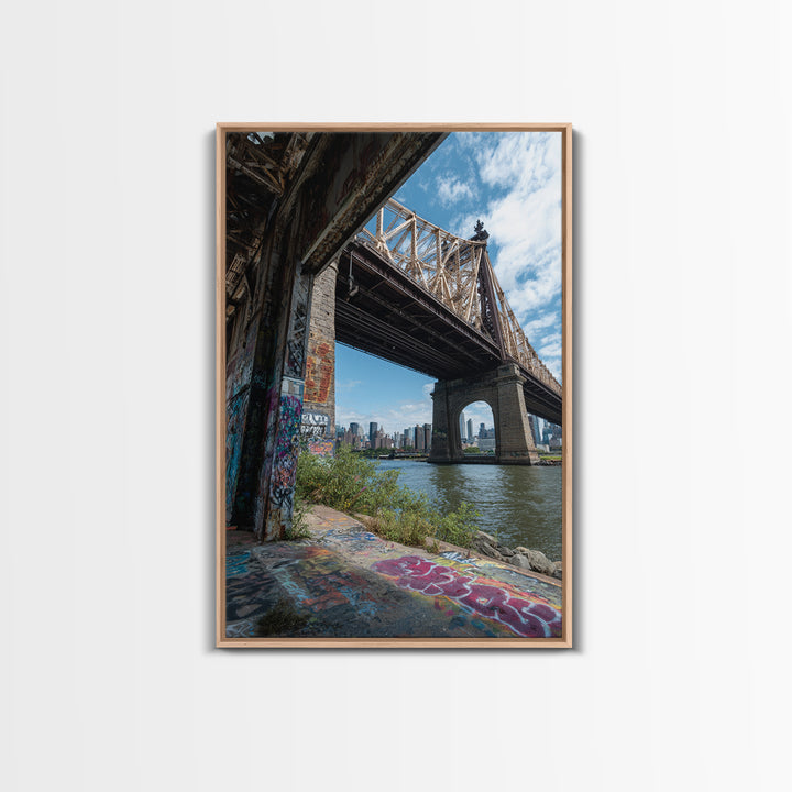 Urban Bridge And Graffiti Wall Over River Cityscape Photography Canvas Print Wall Art For Living Room Or Office Decor