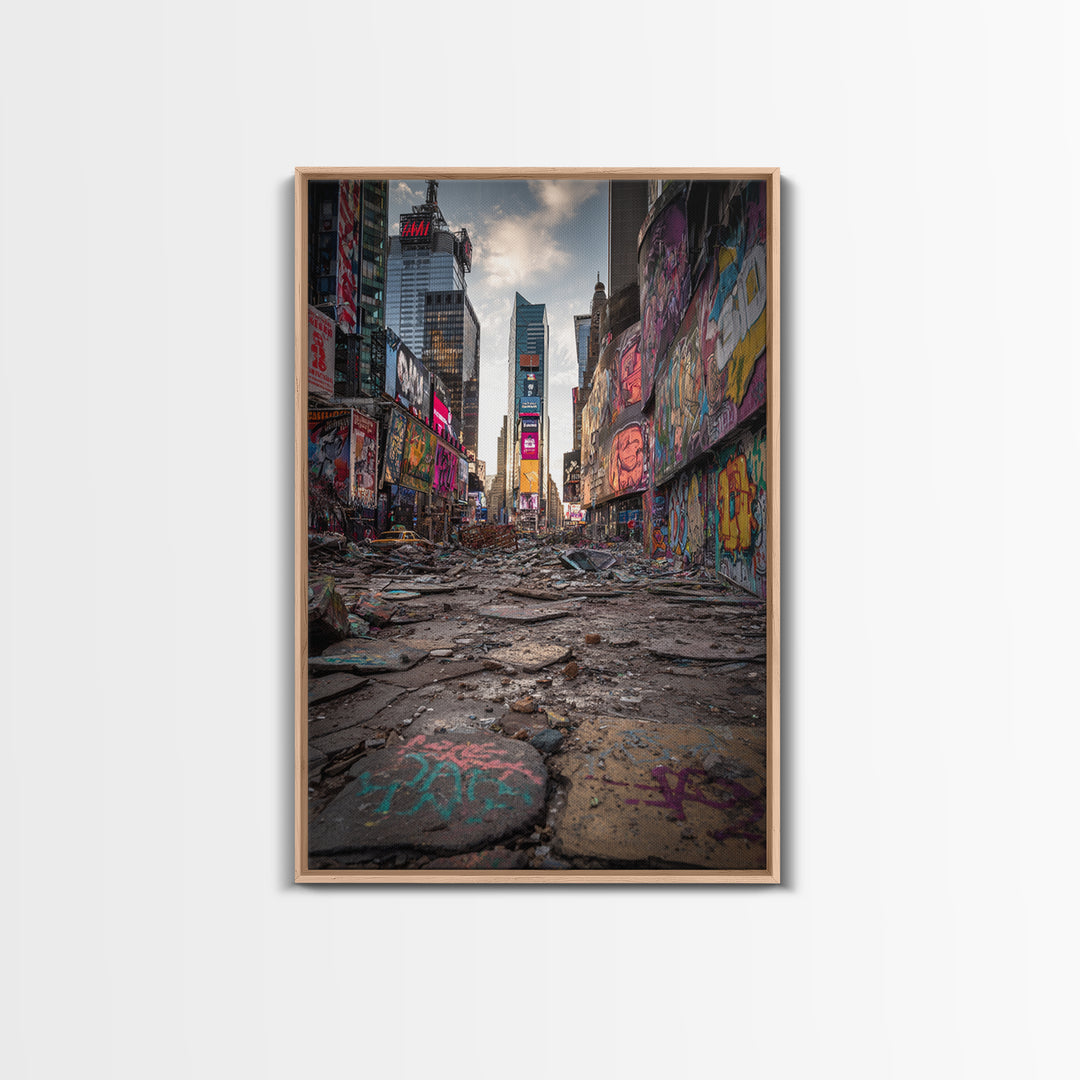 Post Apocalyptic Times Square Urban Ruins Photography Wall Art Print With Graffiti And Debris For Modern Home And Office Decor