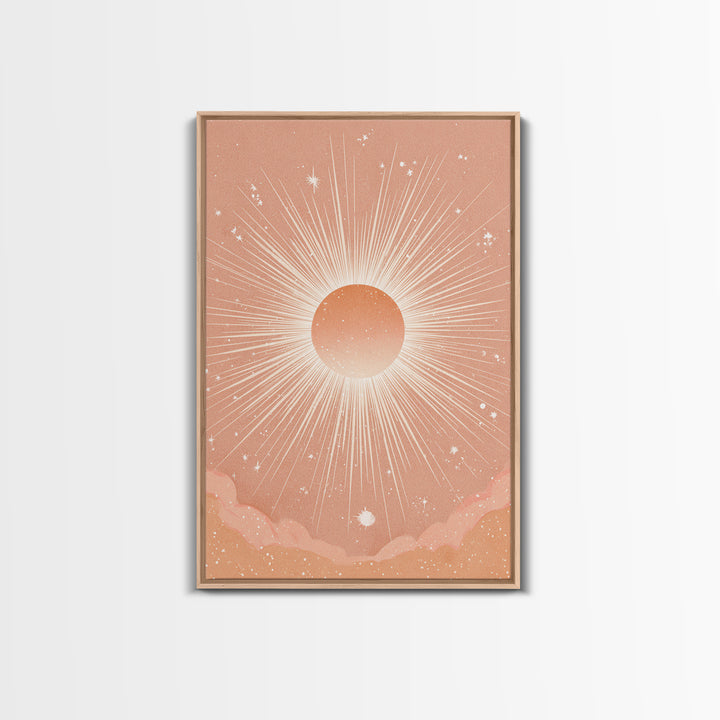 Radiant Peach Sunburst Celestial Wall Art, Boho Sun And Moon Art Print, Warm Neutral Bedroom Decor, Gift For Her, Modern Home Decor