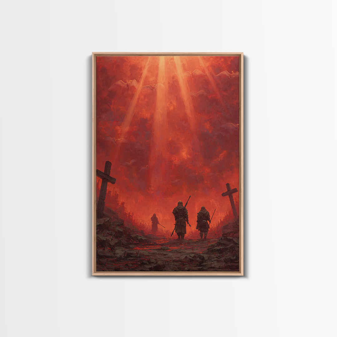 Fiery Red Apocalypse Scene With Warriors And Crosses Dramatic Fantasy Art Canvas Print Perfect Statement Wall Art For Home Decor