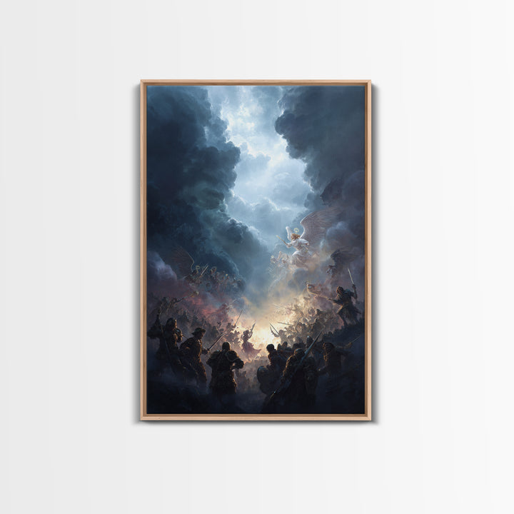 Epic Battle Between Angels Warriors In Dramatic Sky Fantasy Artwork Wall Art Framed Canvas Print For Home Decor