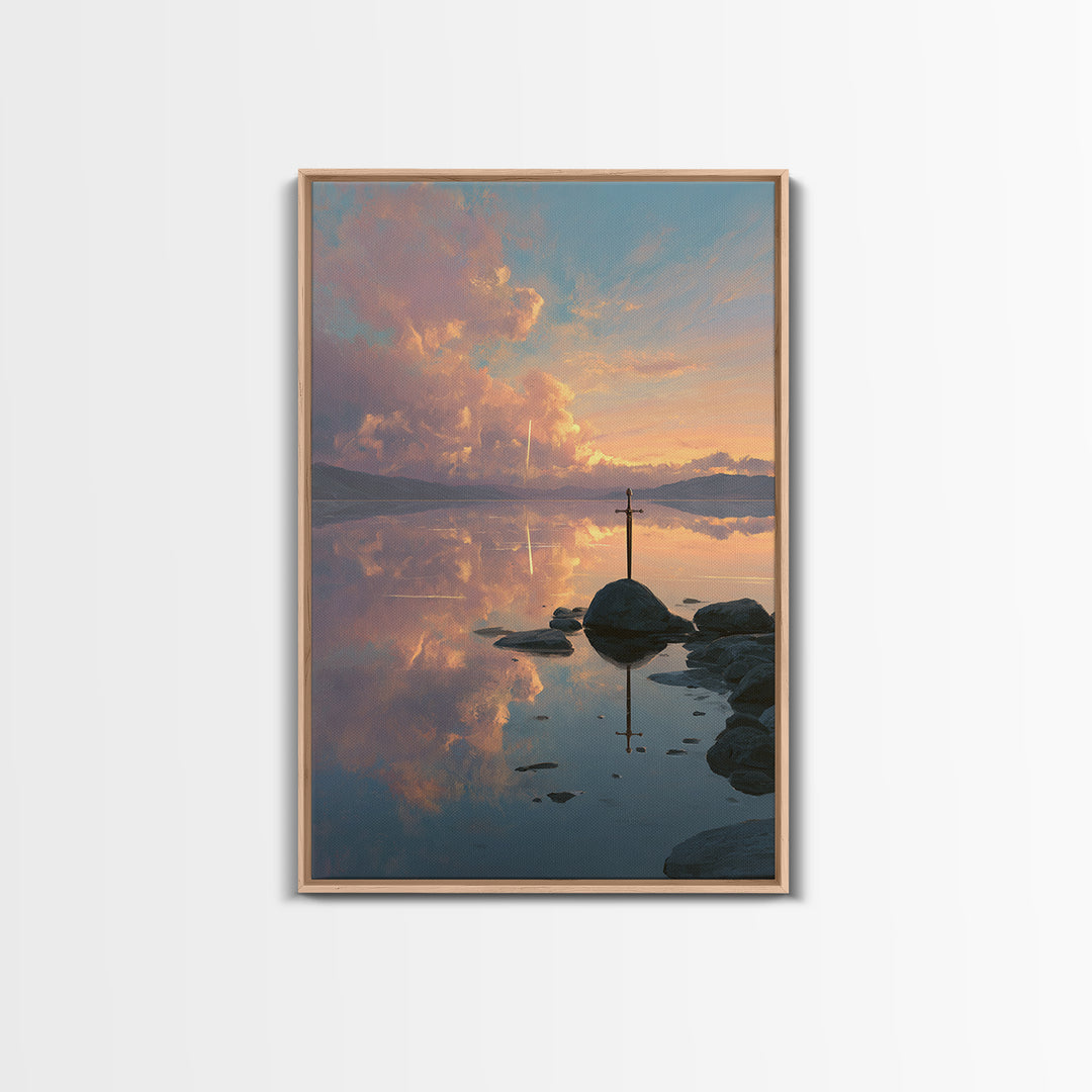 Sunset Over Calm Lake With Reflective Clouds And A Lone Sword Creative Canvas Print Wall Art For Home And Office Decoration