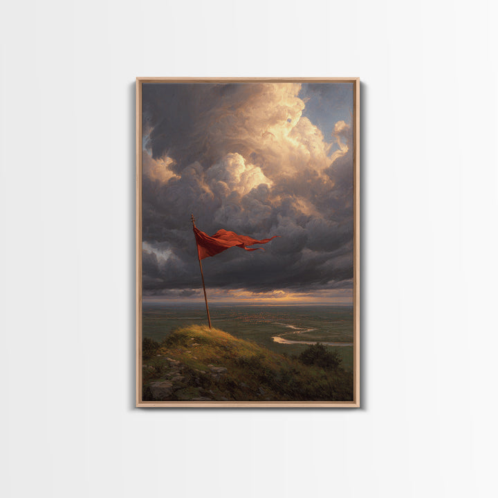 Majestic Flag On Hill Stormy Sky Landscape Painting Wall Art Rustic Home Decor Canvas Print For Living Room And Office