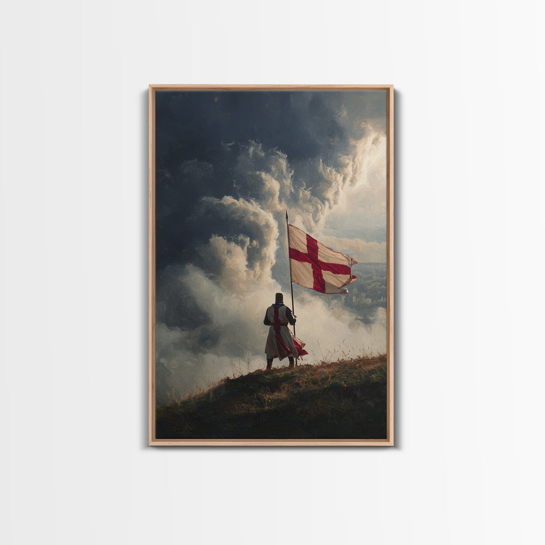 Epic Angelic Warrior In Golden Armor Holding Sword Against Stormy Sky Dramatic Religious Wall Art Framed Canvas Print