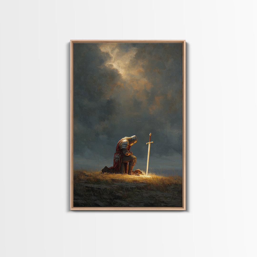 Knight Kneeling Beside Sword With Stormy Sky Dramatic Medieval Armor Wall Art Canvas Print For Office Decor