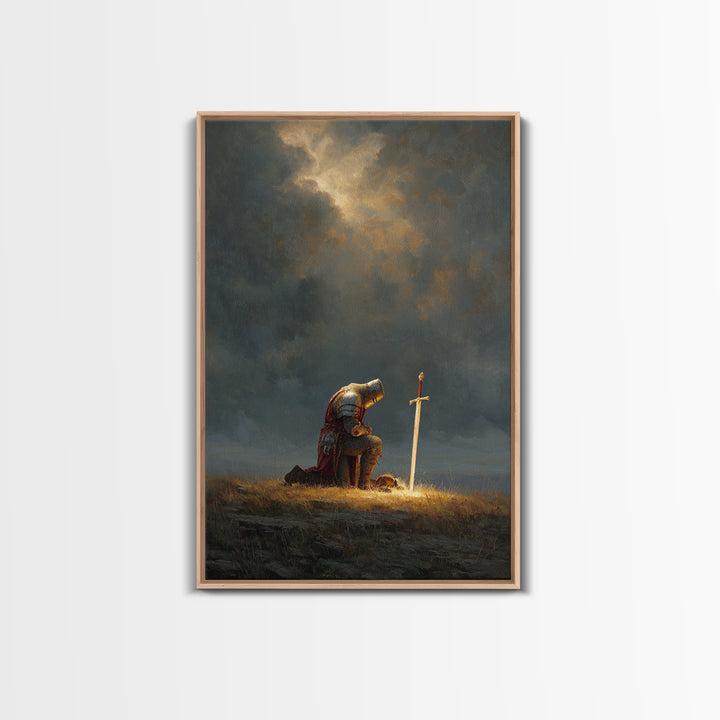 Knight Kneeling Beside Sword With Stormy Sky Dramatic Medieval Armor Wall Art Canvas Print For Office Decor