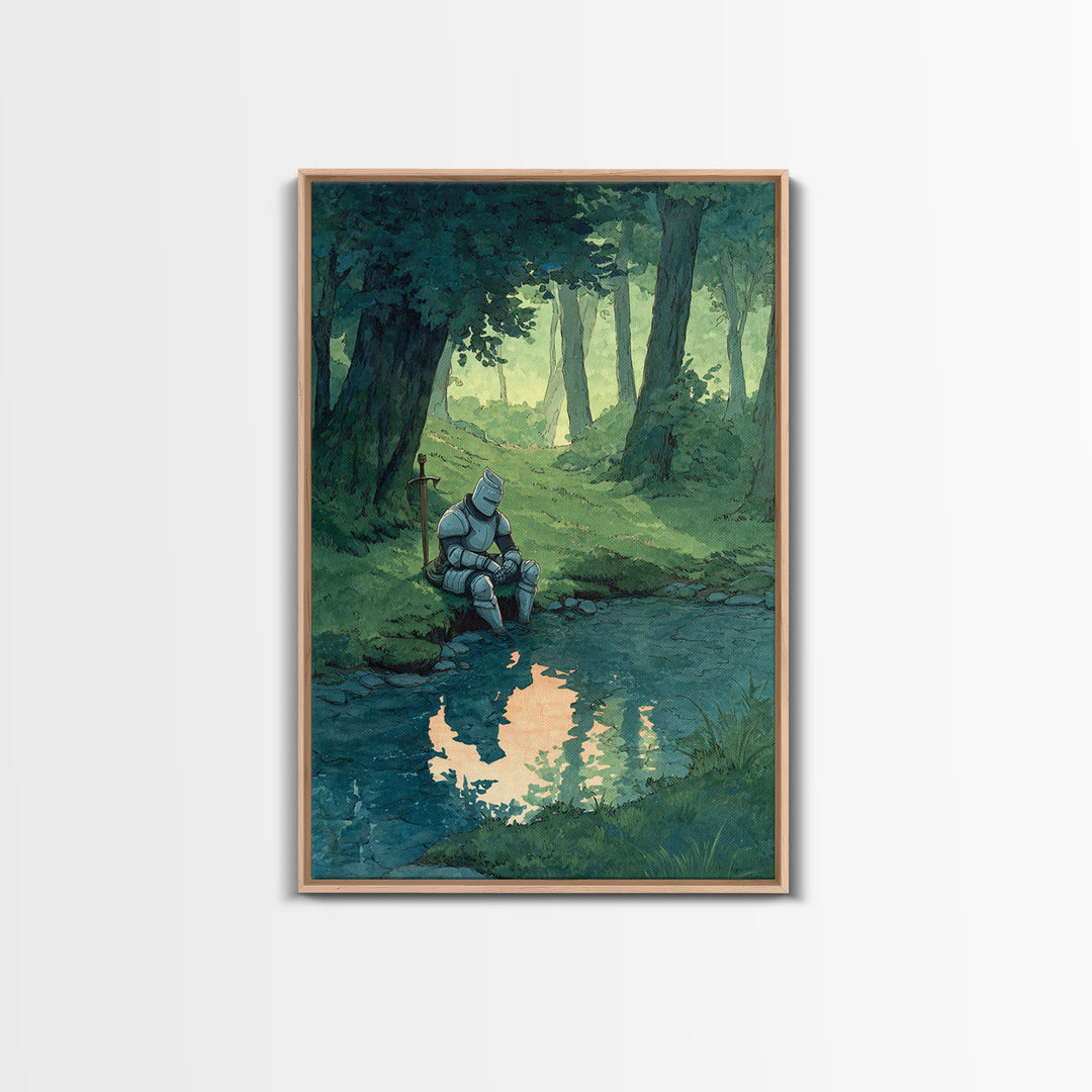 Solitary Knight In Medieval Armor Sitting Beside Forest Stream Original Wall Art With Contemporary And Fantasy Decor
