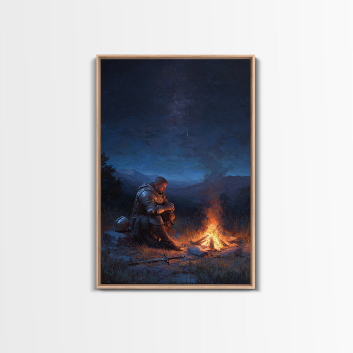Knight Praying By Campfire In Armor At Night Meditative Fantasy Wall Art Framed Canvas Print For Home Decor