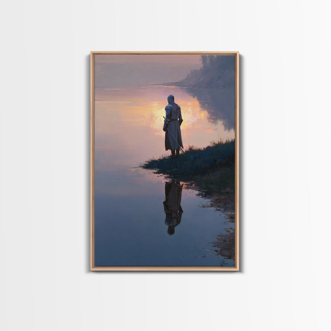 Knight In Sunlight Praying Under Mighty Oak Tree Painting Medieval Religious Wall Decor Framed Canvas Print For Home Office Or Spiritual Wall Art