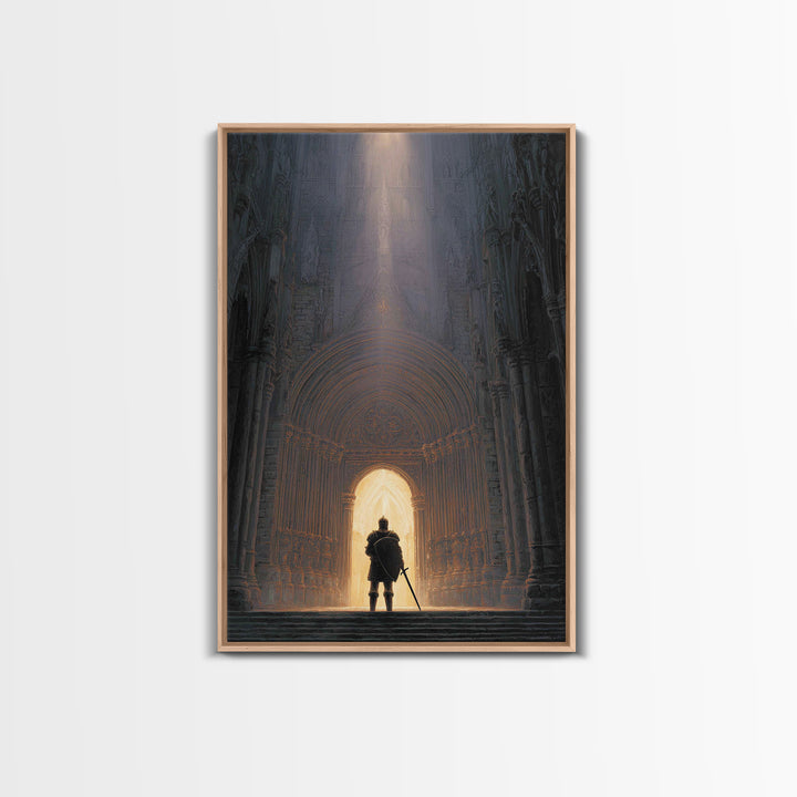 Medieval Knight Standing In Cathedral Doorway With Light Beam Canvas Print Modern Wall Art For Office Decor