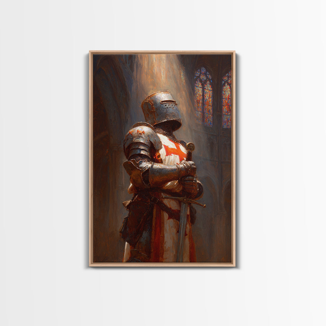 Crusader Knight In Cathedral Sunlight Oil Painting Wall Art Framed Canvas Print Medieval Historical Artwork For Man Cave