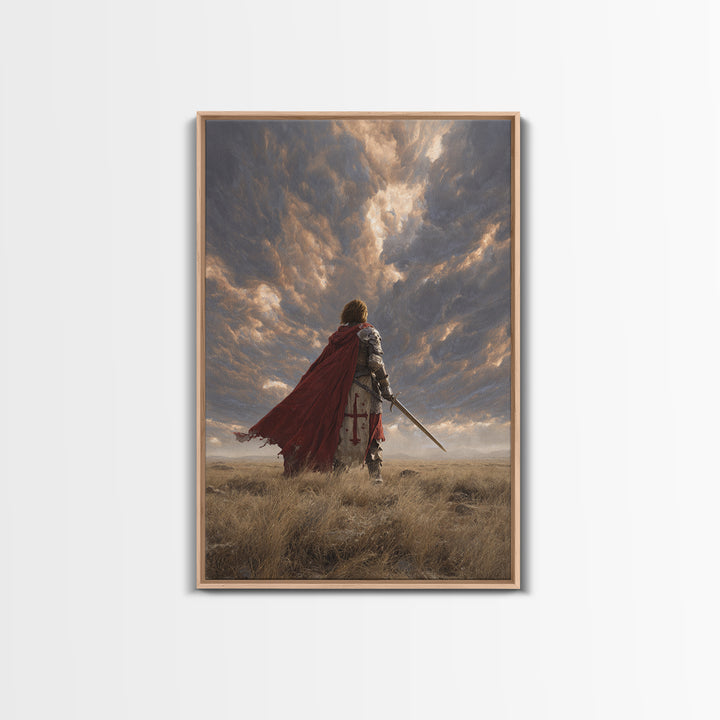Majestic Knight Kneeling With Sword On Ground Under Dramatic Skies - Captivating Framed Canvas Print For Home