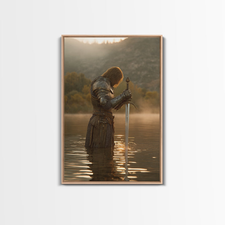 Medieval Knight Standing In Water Holding Sword Dramatic Warrior Wall Art Canvas Print For Man Cave Decor