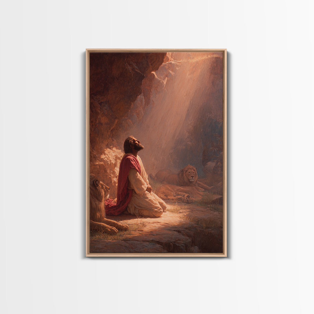 Praying Man With Lions In Dramatic Light Spiritual Christian Art Framed Canvas Print For Home Decor