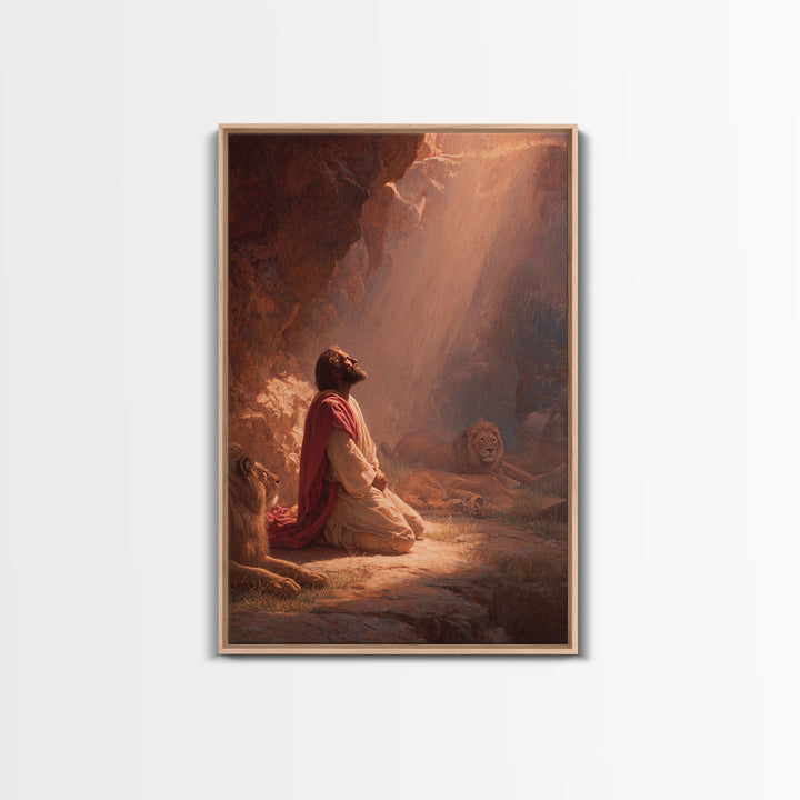 Praying Man With Lions In Dramatic Light Spiritual Christian Art Framed Canvas Print For Home Decor