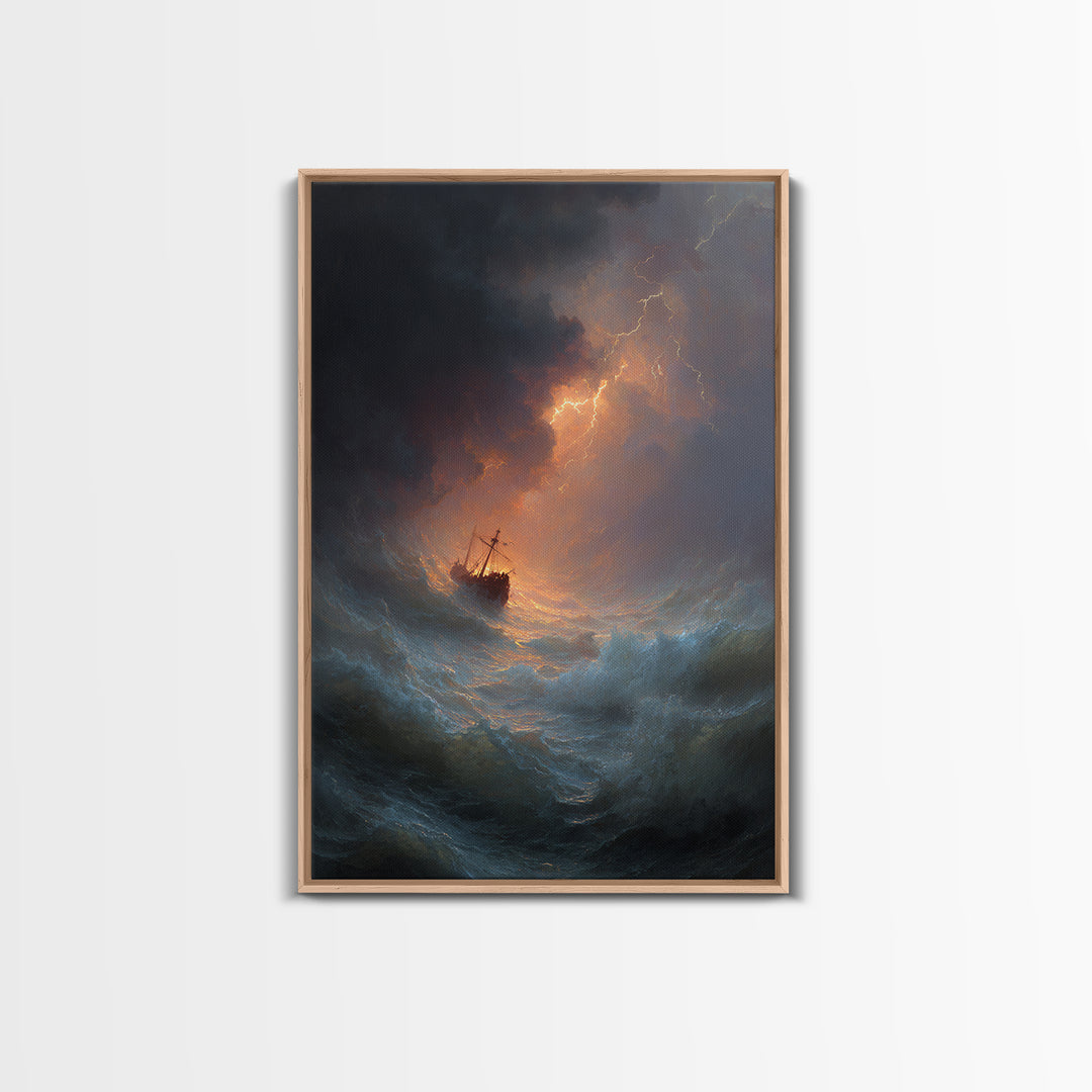 Ship In Stormy Sea With Lightning Strikes Dramatic Ocean Scene Oil Painting Wall Art Canvas Print