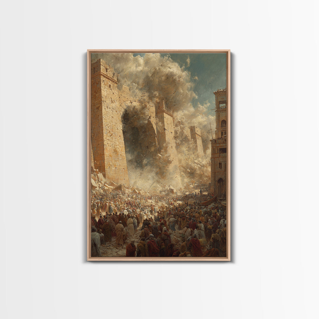 Historic Siege Scene With Crowds And Stone Walls Dramatic Wall Art Framed Canvas Print For Living Room Decoration