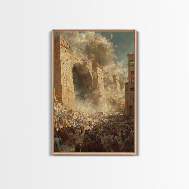 Historic Siege Scene With Crowds And Stone Walls Dramatic Wall Art Framed Canvas Print For Living Room Decoration