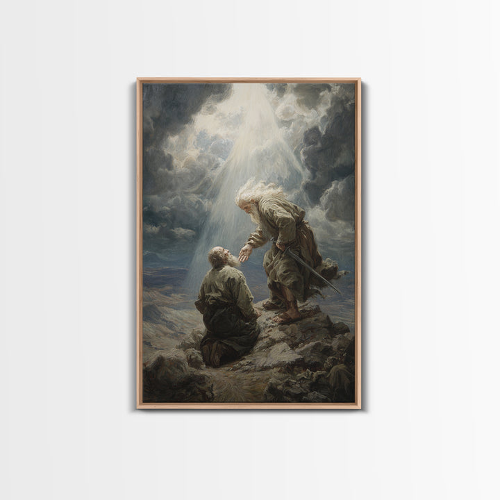 Biblical Scene Of Two Men On Rocky Landscape With Light Ray Spiritual Wall Art Framed Canvas Print For Christian Home Decor