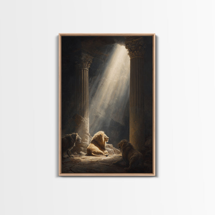 Majestic Lions In Sunlit Ancient Ruins Dramatic Wall Art Canvas Print For Wildlife And Animal Lovers Home Decor
