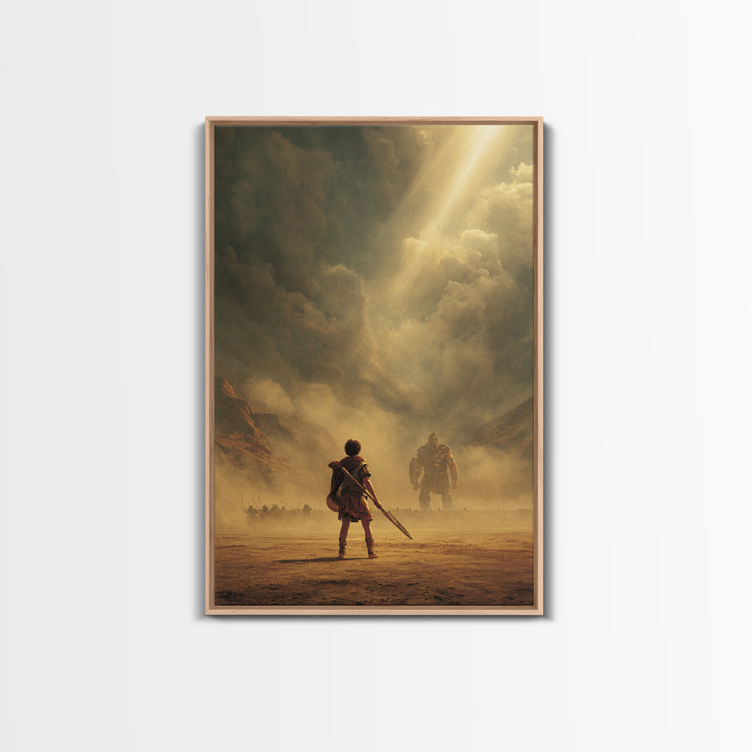 Epic Ancient Warrior Facing Giant In Dramatic Dusty Battlefield Sunlight Wall Art Framed Canvas Print For Living Room Decor