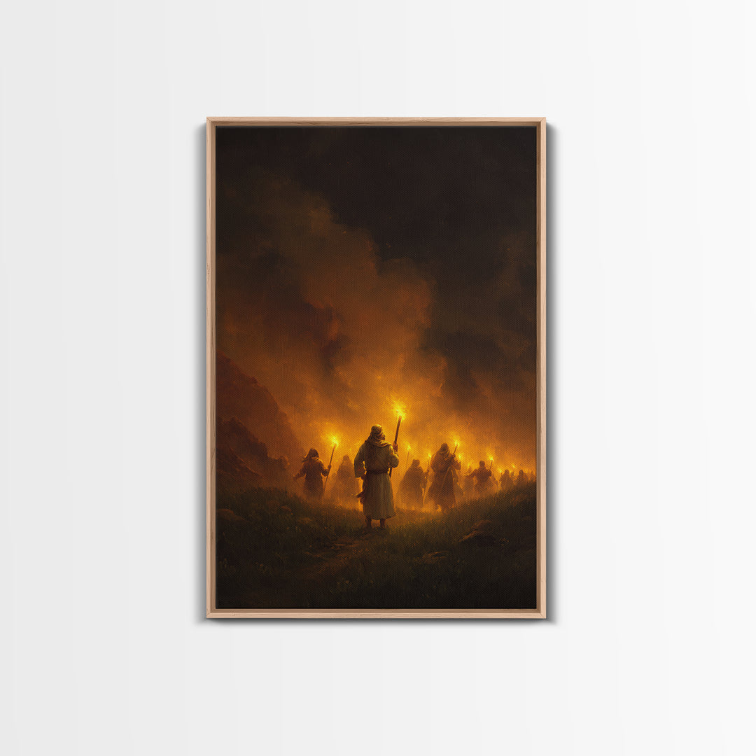 Medieval Procession With Illuminated Torches Dramatic Scene Wall Art Framed Canvas Print For Home And Office