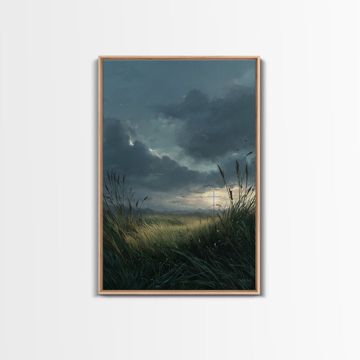 Serene Landscape With Cross At Sunset Over Grass Field - Beautiful Wall Art Framed Canvas Print For Peaceful Home Decor