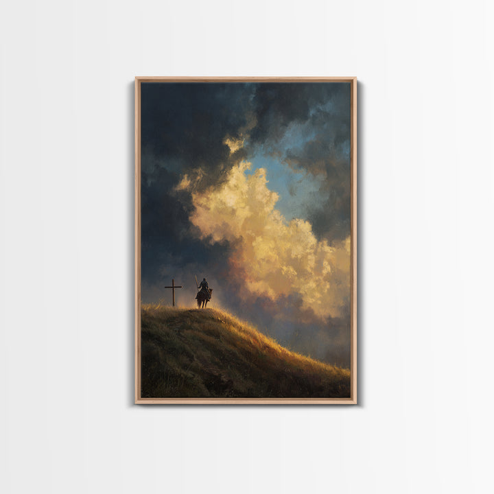 Dramatic Sky Over Stormy Hillside With Sun Rays Landscape Oil Painting Wall Art Framed Canvas Print
