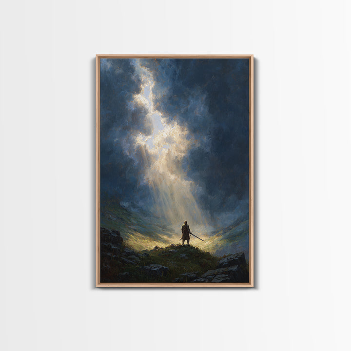 Dramatic Epic Knight Standing Among Mountains With Sword Overlooking Landscape Inspirational Wall Art Canvas Print