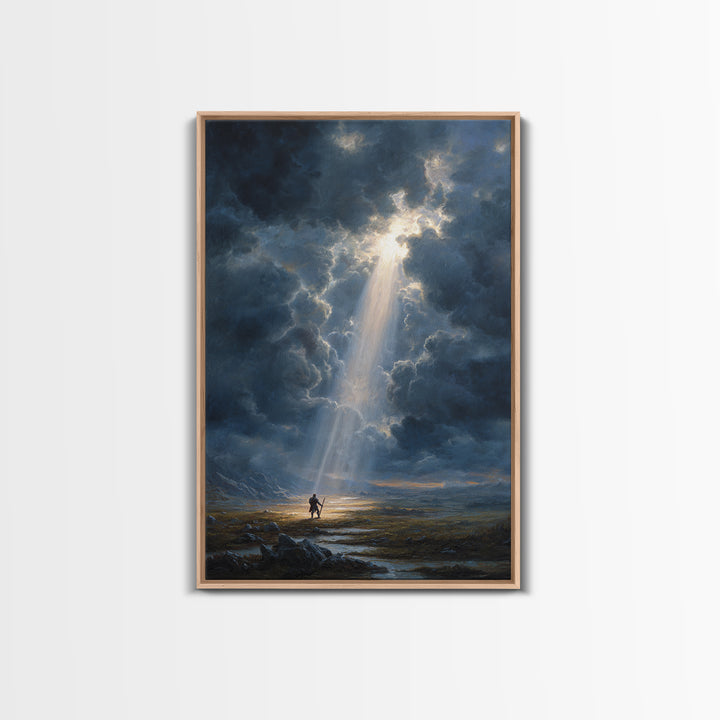 Heroic Fantasy Painting Knight Standing In Beam Of Light Under Dramatic Sky - Canvas Print For Epic Wall Art And Mythical Home Decor