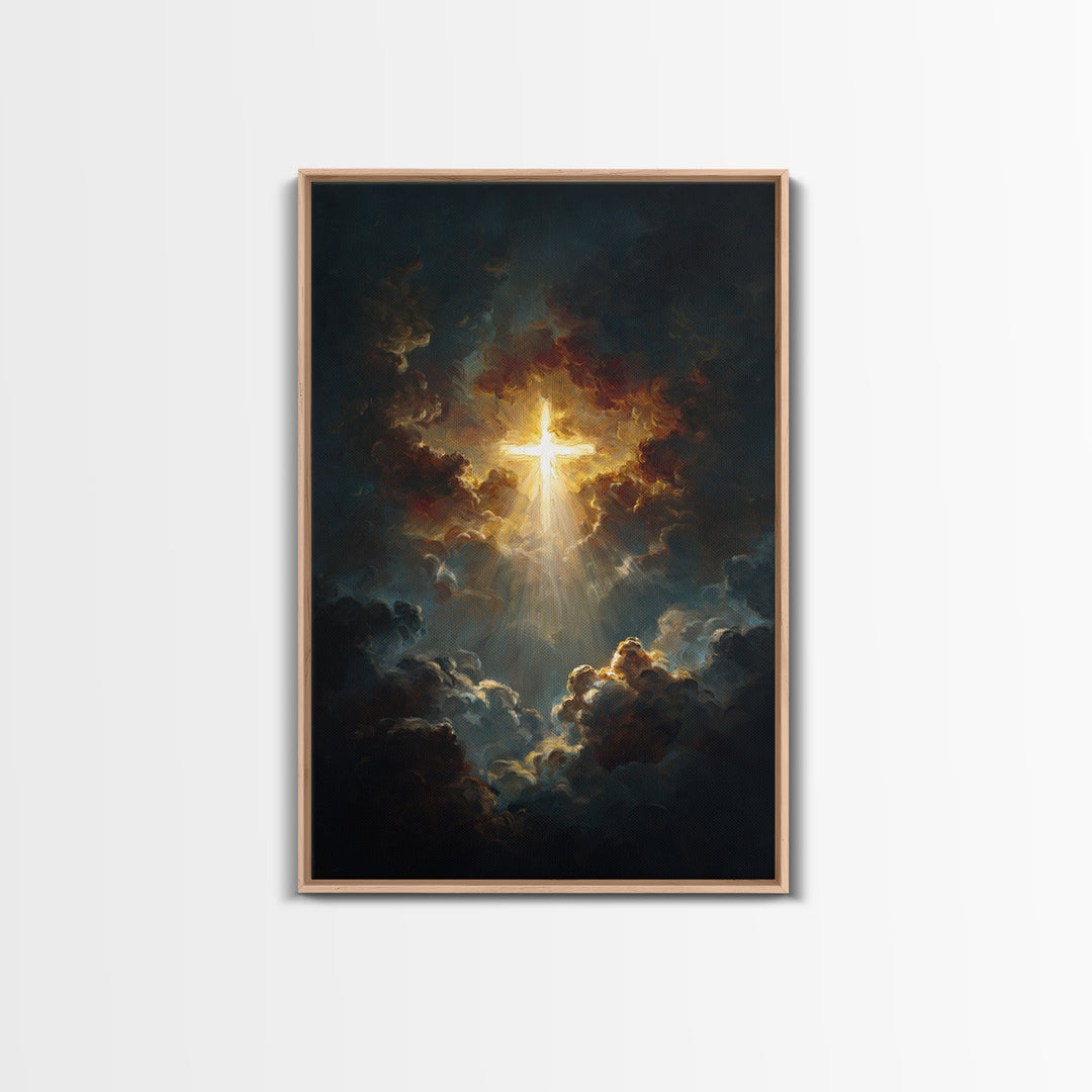 Radiant Golden Cross Amid Dark Clouds Inspirational Christian Wall Art Canvas Print For Home Decor