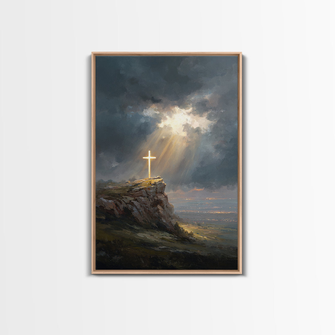 Dramatic Light Over Cliff Cross Spiritual Wall Art Framed Canvas Print For Inspirational Religious Home Decor Or Gift