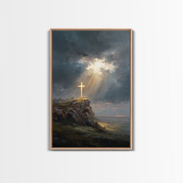 Dramatic Light Over Cliff Cross Spiritual Wall Art Framed Canvas Print For Inspirational Religious Home Decor Or Gift
