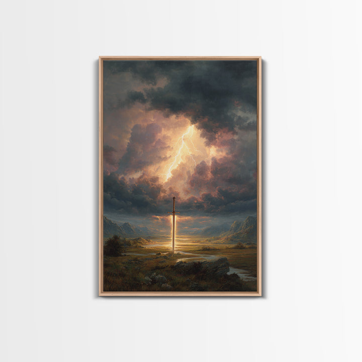 Epic Sword Lightning Storm Fantasy Wall Art Digital Painting Canvas Print For Fantasy Lovers And Gaming Room Decor
