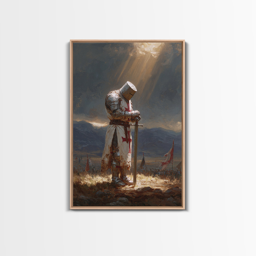 Medieval Knight In Shining Armor Oil Painting Wall Art With Moody Light Beams Epic Historical Art For Rustic Home Decor