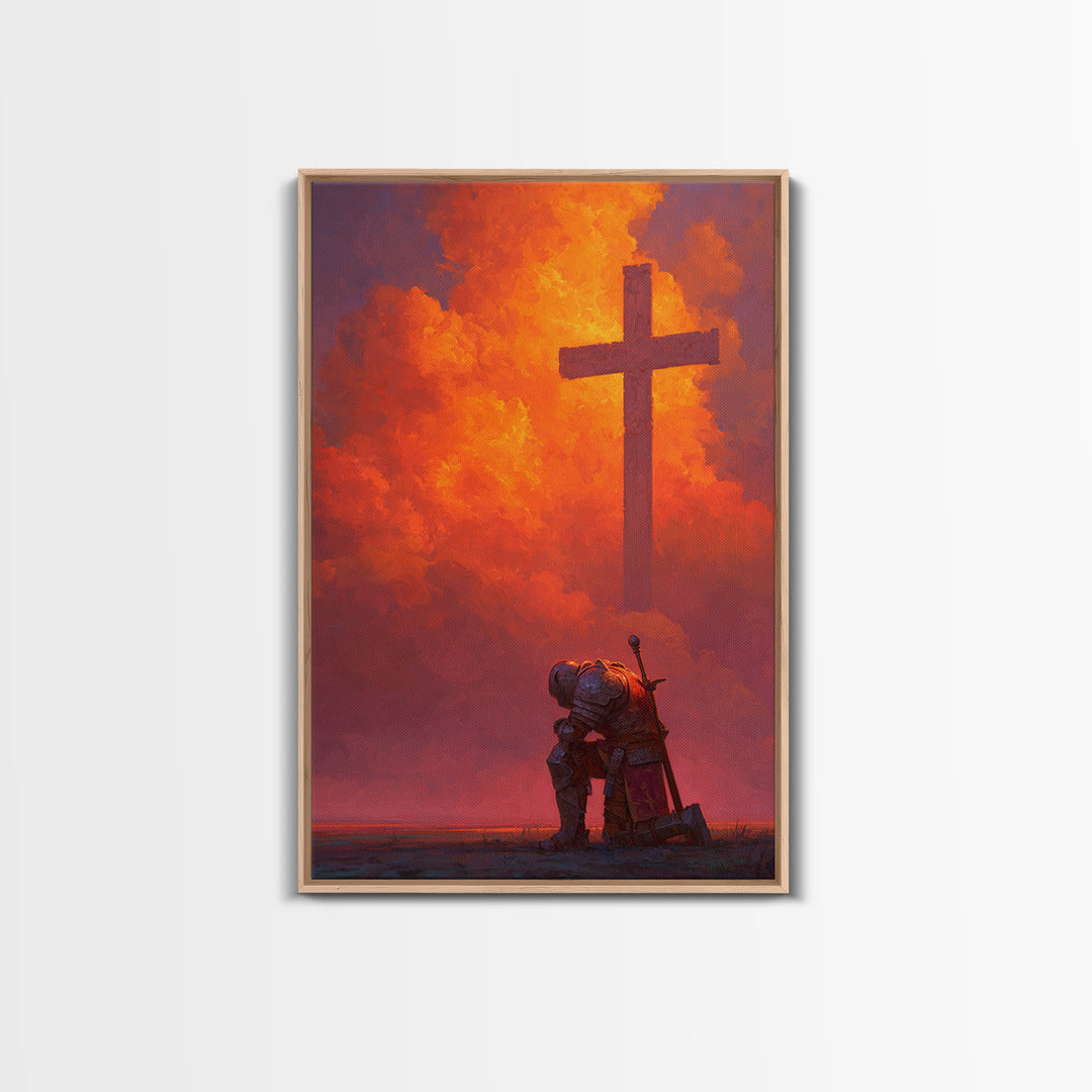 Medieval Knight Kneeling Before Cross In Fiery Sky Dramatic Fantasy Art Wall Art Canvas Print For Spiritual Decor