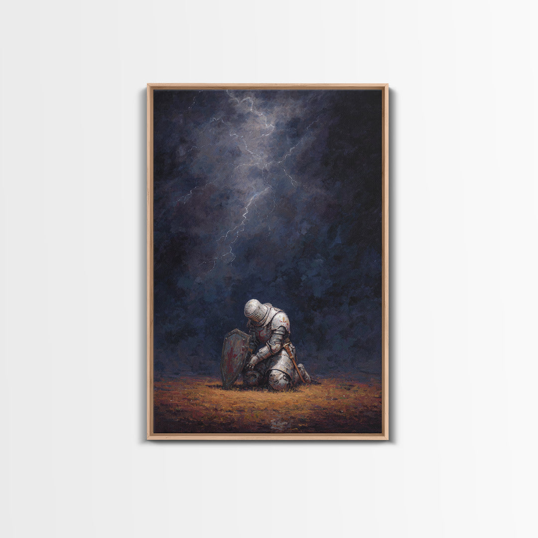 Kneeling Knight Painting With Dramatic Dark Stormy Sky Wall Art Canvas Print For Medieval Decor And Inspirational Office Wall Art