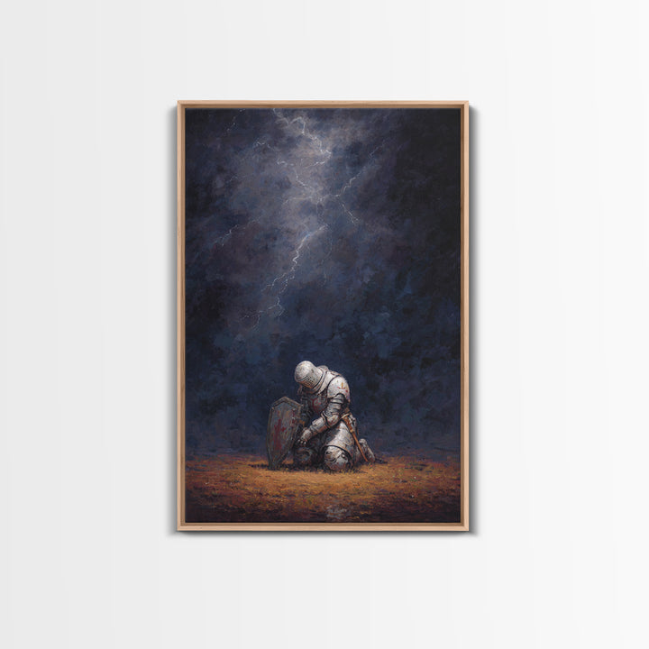Kneeling Knight Painting With Dramatic Dark Stormy Sky Wall Art Canvas Print For Medieval Decor And Inspirational Office Wall Art