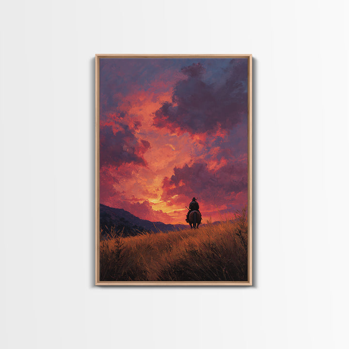 Epic Western Lone Rider On Horseback Silhouette Against Dramatic Sunset Sky Oil Painting Wall Art