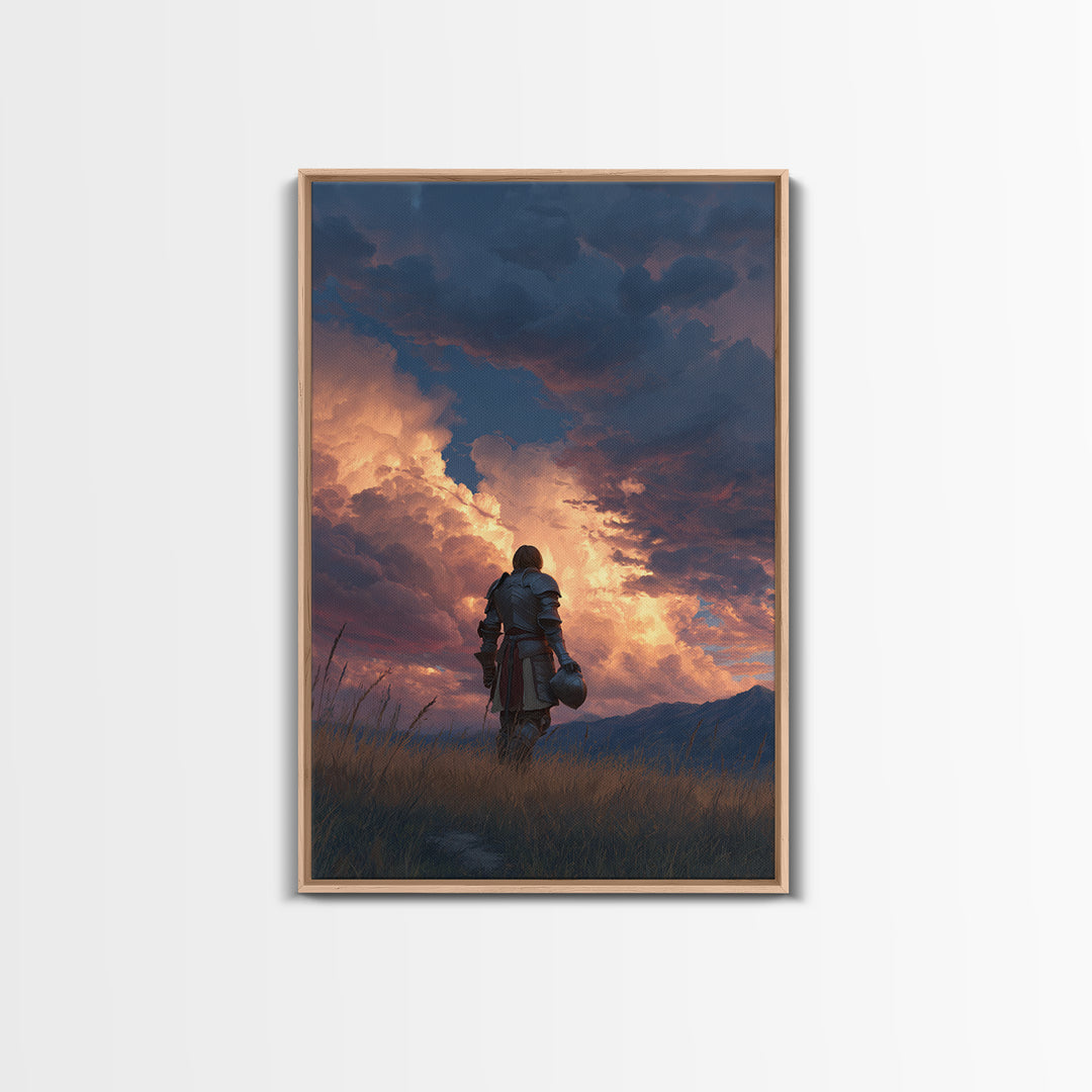 Knight Standing Under Dramatic Cloudy Sunset Sky Canvas Print Medieval Wall Art For Living Room And Office Decor