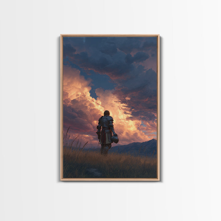 Knight Standing Under Dramatic Cloudy Sunset Sky Canvas Print Medieval Wall Art For Living Room And Office Decor