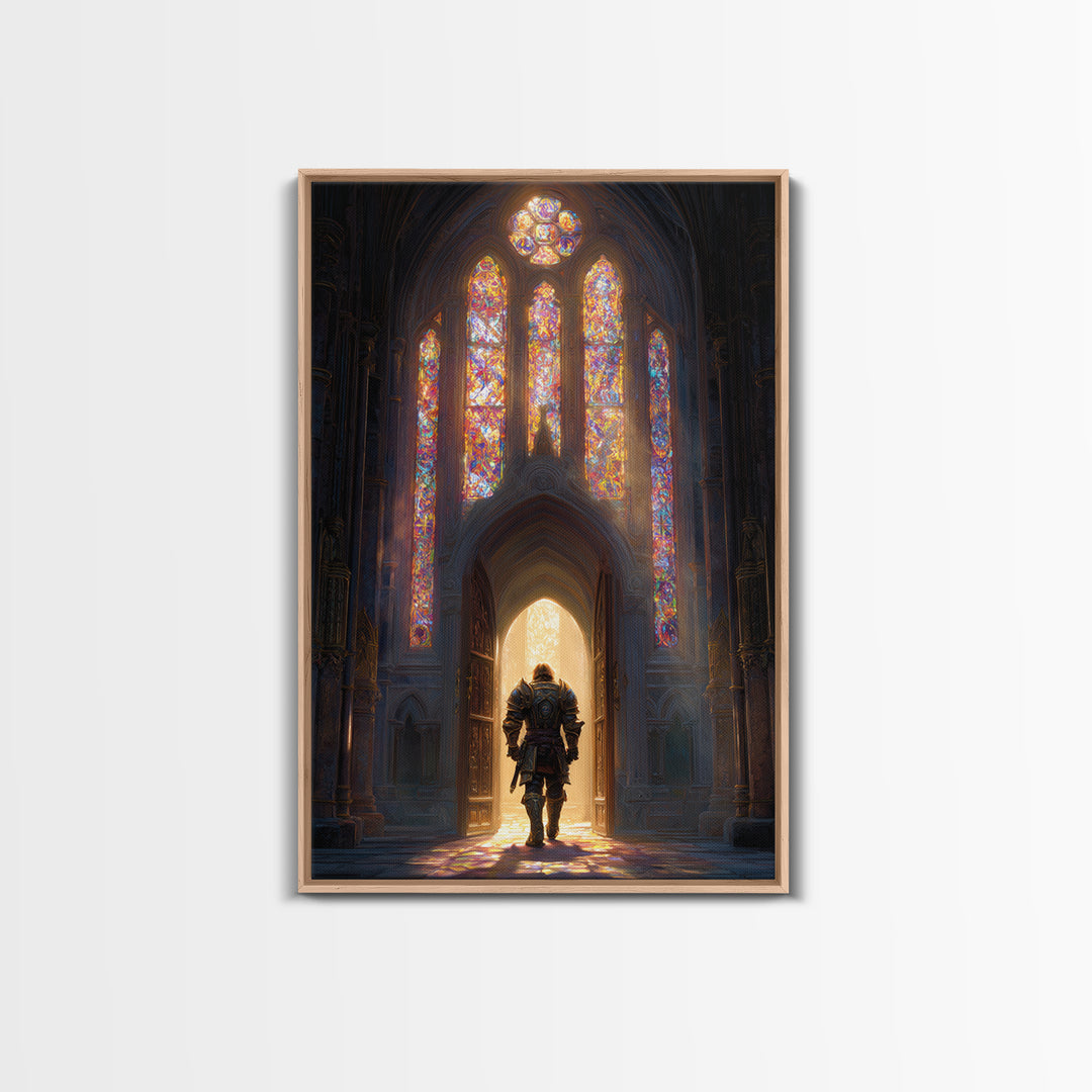 Fantasy Knight In Gleaming Armor Entering Stained Glass Lit Castle Hall - Epic Wall Art Framed Canvas Print For Fantasy Fans